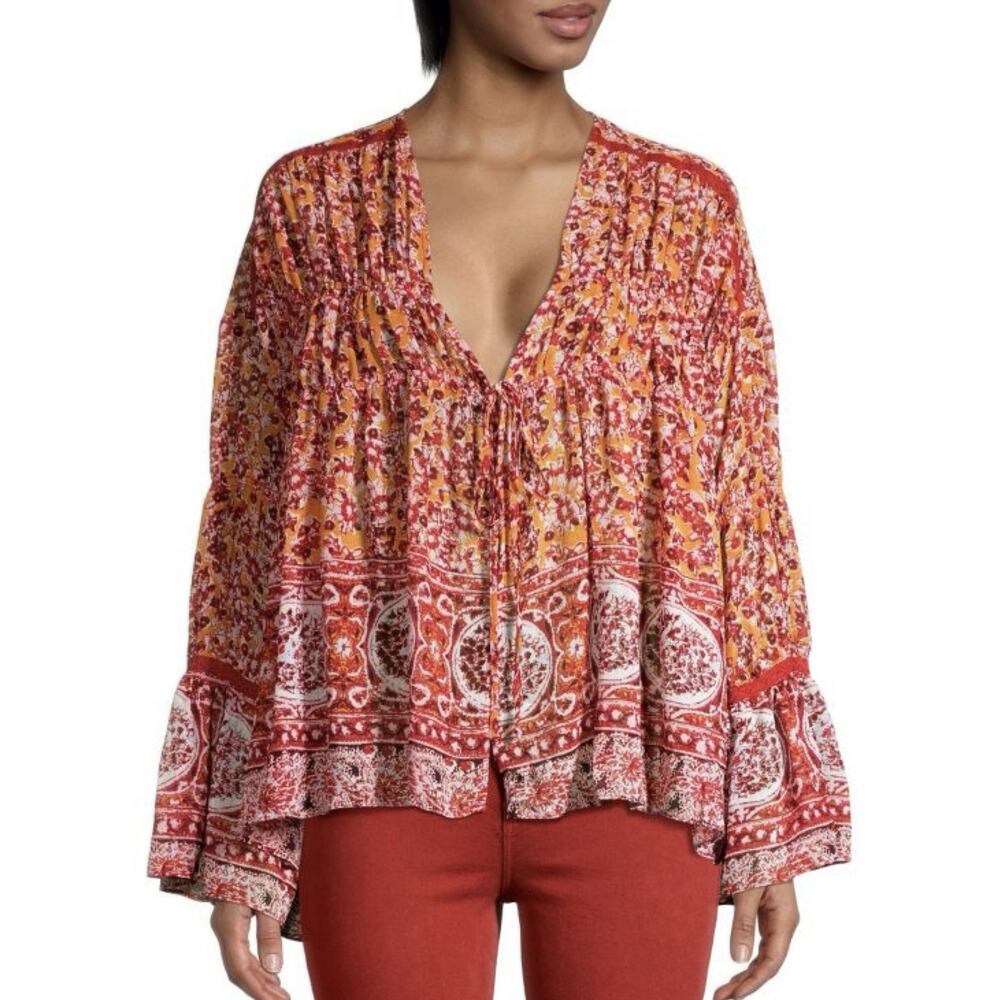 Free People Lorriane Boho Print Tie-Front Top Blouse Boho Festival Size M L
